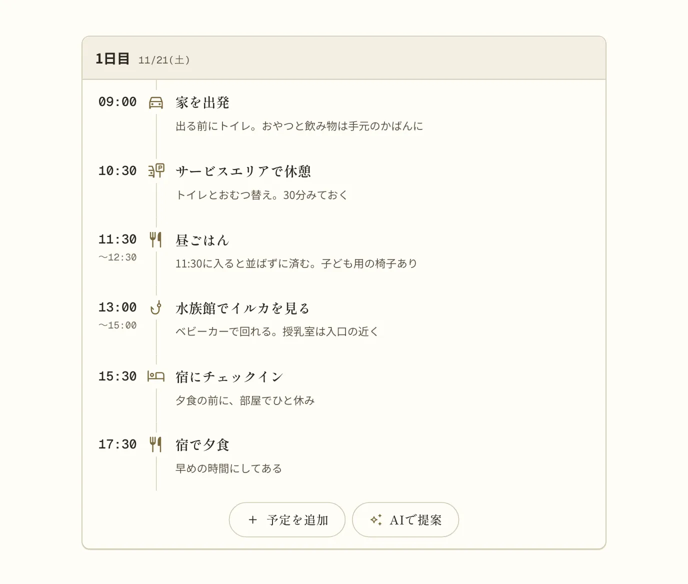 伊豆の1日目の予定。家を出発のメモに「出る前にトイレ。おやつと飲み物は手元のかばんに」、サービスエリアの休憩のメモに「トイレとおむつ替え。30分みておく」、昼ごはんのメモに「11:30に入ると並ばずに済む。子ども用の椅子あり」、水族館の予定は「水族館でイルカを見る」の名前でメモに「ベビーカーで回れる。授乳室は入口の近く」、宿のメモに「夕食の前に、部屋でひと休み」と書いてある
