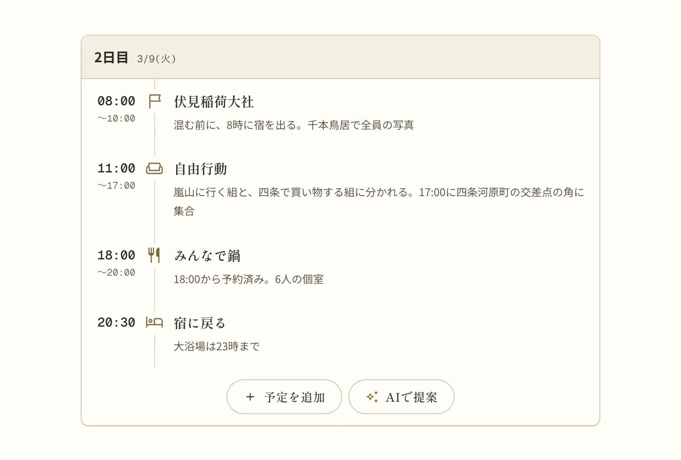京都の2日目の予定。朝の「伏見稲荷大社」のメモに「混む前に、8時に宿を出る。千本鳥居で全員の写真」、「自由行動」のメモに「嵐山に行く組と、四条で買い物する組に分かれる。17:00に四条河原町の交差点の角に集合」、夕食の「みんなで鍋」のメモに「18:00から予約済み。6人の個室」、「宿に戻る」のメモに「大浴場は23時まで」と書いてある