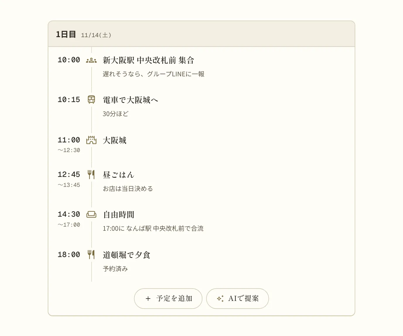 大阪の1日目の予定。集合の予定のメモに「遅れそうなら、グループLINEに一報」、自由時間のメモに「17:00に なんば駅 中央改札前で合流」、昼ごはんのメモに「お店は当日決める」と書いてある