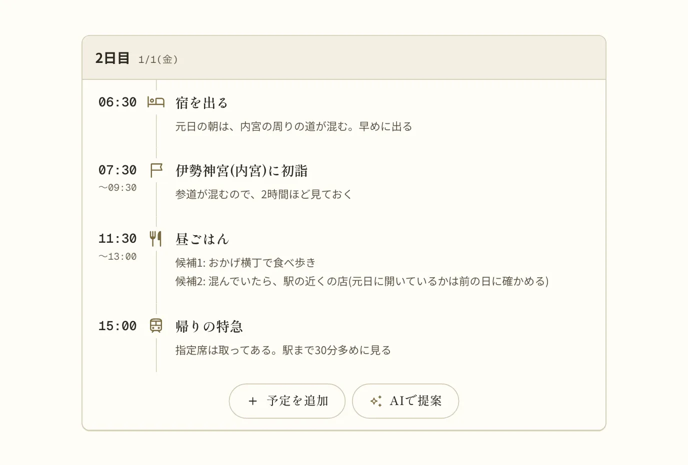 元日の予定。「宿を出る」のメモに「元日の朝は、内宮の周りの道が混む。早めに出る」、「伊勢神宮(内宮)に初詣」のメモに「参道が混むので、2時間ほど見ておく」、「昼ごはん」のメモに「候補1: おかげ横丁で食べ歩き。候補2: 混んでいたら、駅の近くの店(元日に開いているかは前の日に確かめる)」、「帰りの特急」のメモに「指定席は取ってある。駅まで30分多めに見る」と書いてある